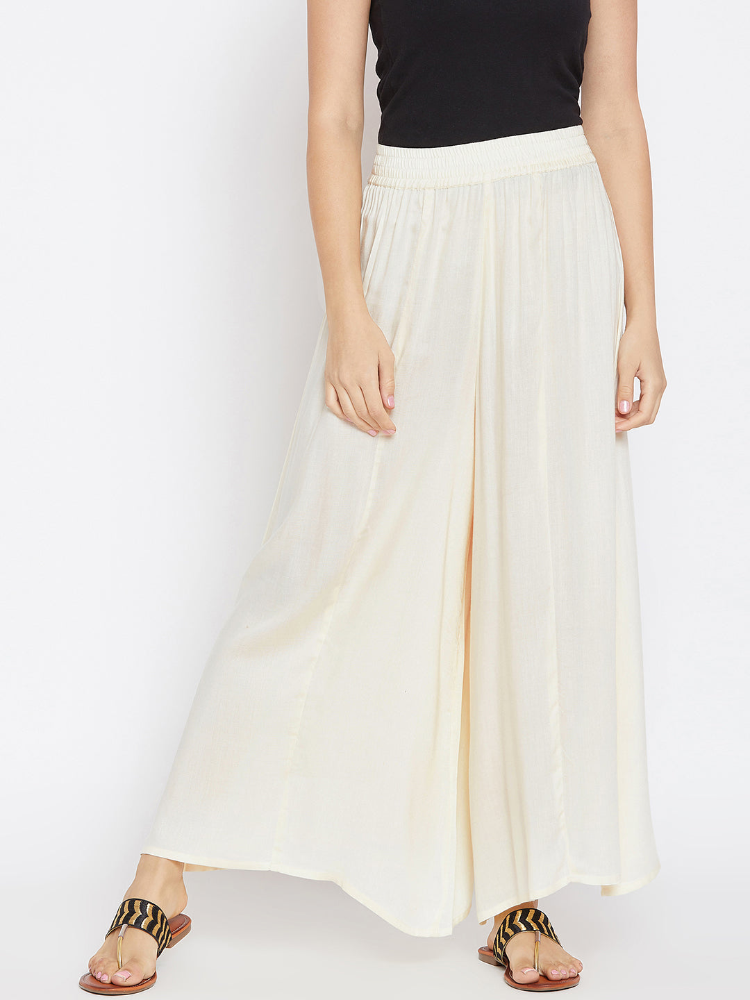 Women Off-White Flared Solid Palazzos