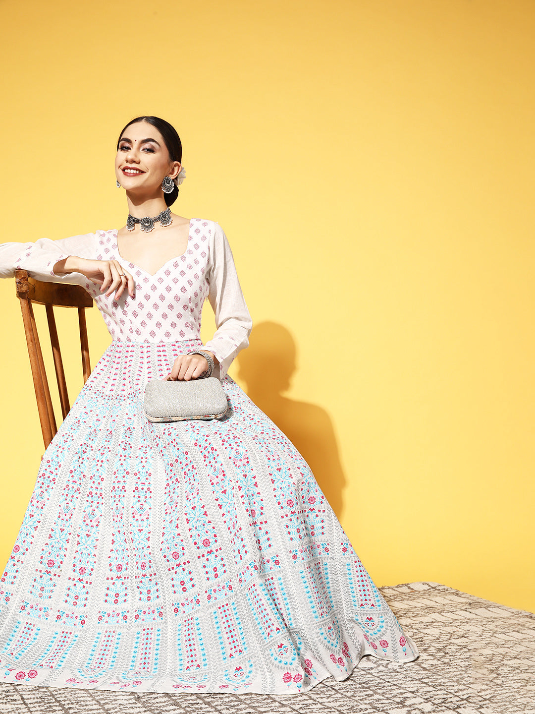 PANIT White Ethnic Motifs Swirling Volume Dress