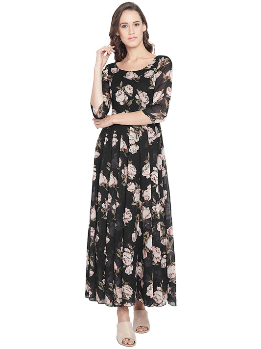 Women's Black Multi colour Rose Floral print Maxi dress