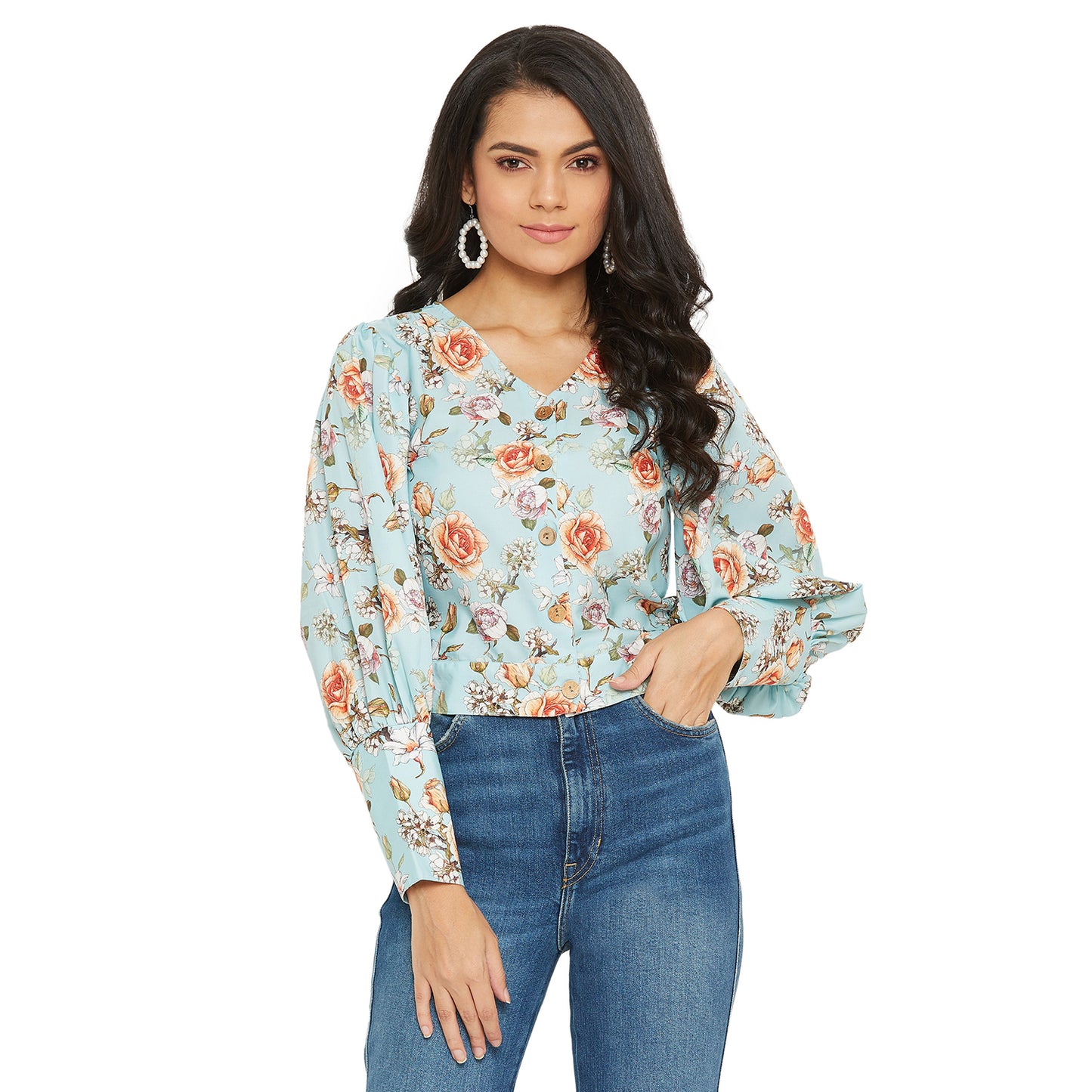 Ice Blue Floral Printed Top With Puff Sleeve