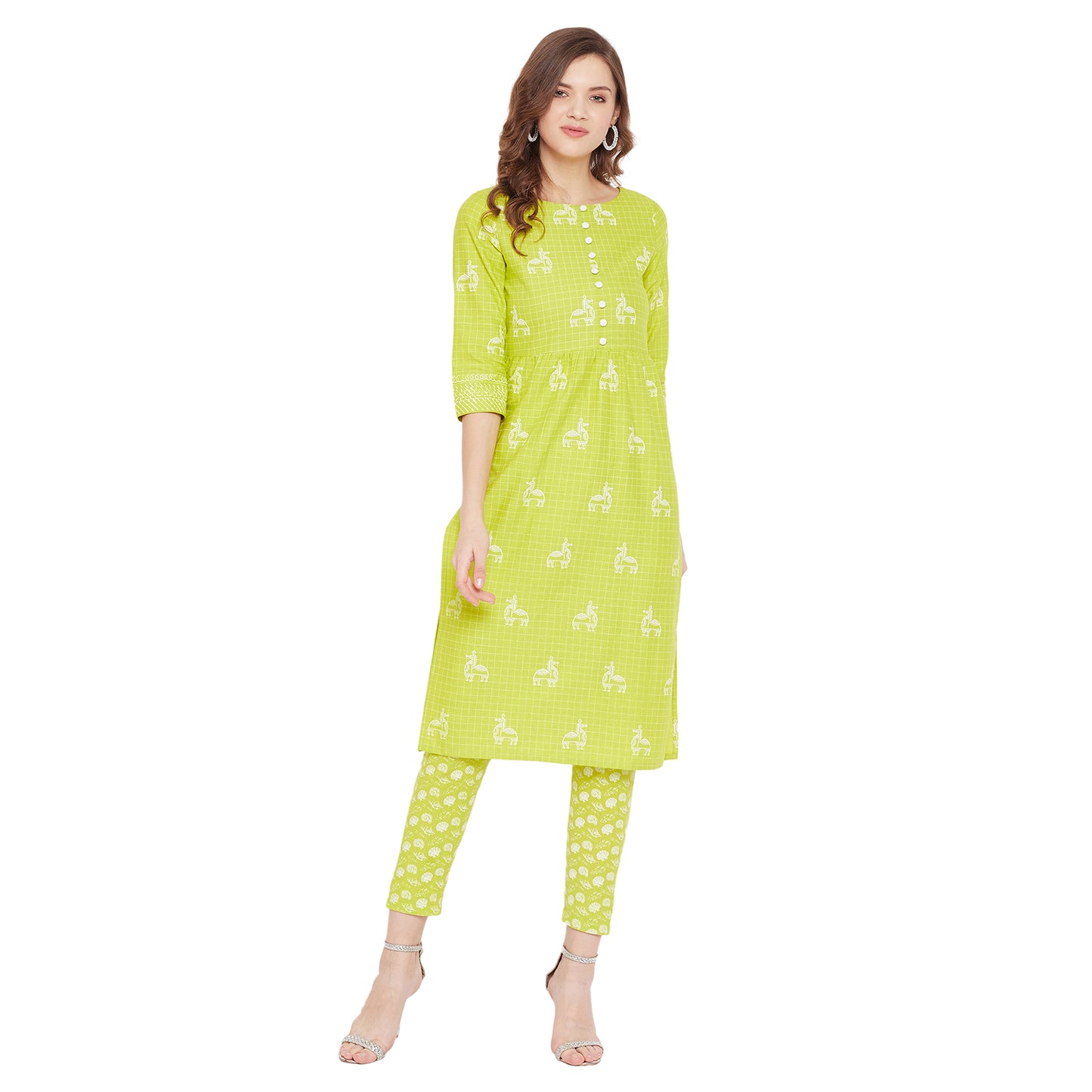 Lime green block print kurta with matching trouser