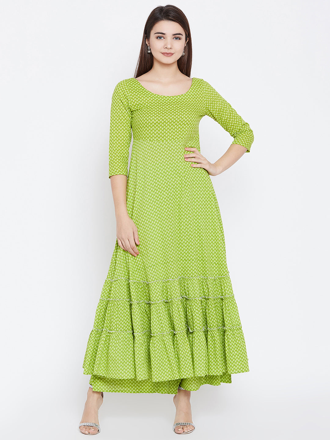 PANIT Women Green Ethnic Motifs Printed Tiered Anarkali Kurta