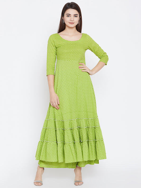 PANIT Women Green Ethnic Motifs Printed Tiered Anarkali Kurta
