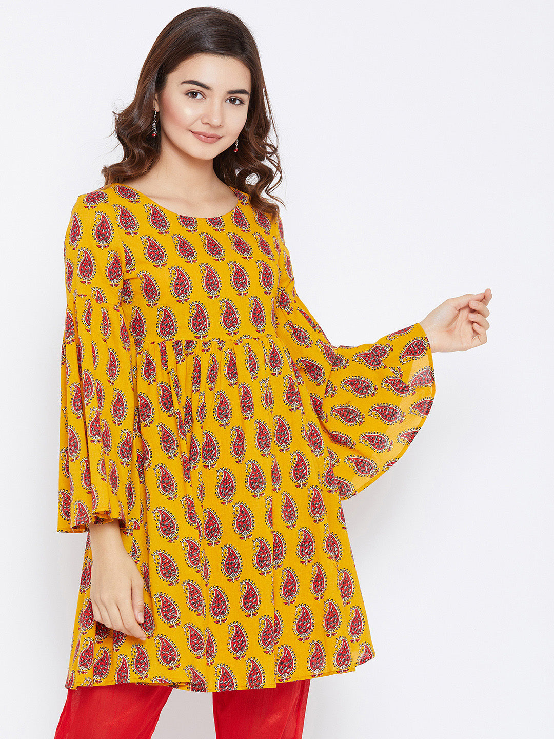 Women Yellow Red Printed A-Line Kurta