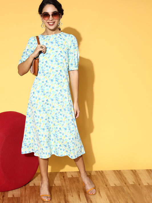 PANIT White  Blue Floral Printed Styled Back A-Line Midi Dress