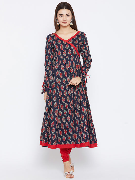 Women's Navy Blue And Red Color Paisley Printed Anarkali Ankle Length Kurta