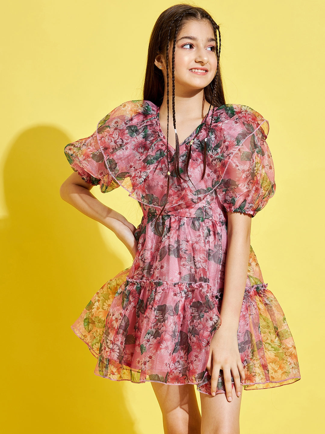 Girls Pink & Black Floral Dress