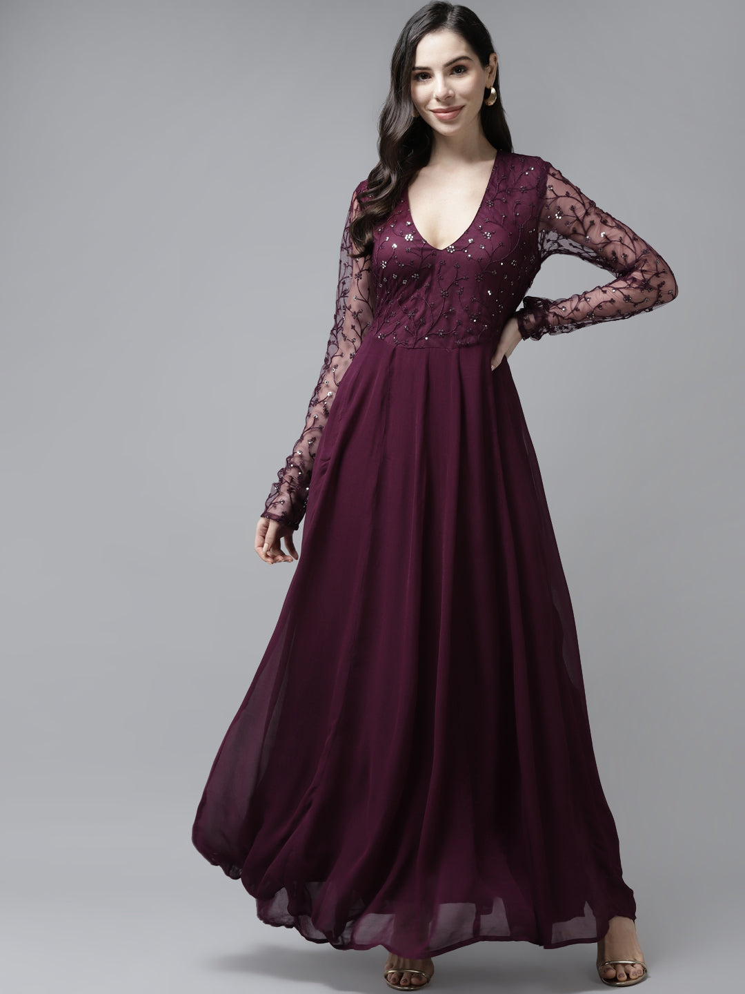 PANIT Purple Gold-Toned Embroidered Yoke Sequinned Gown