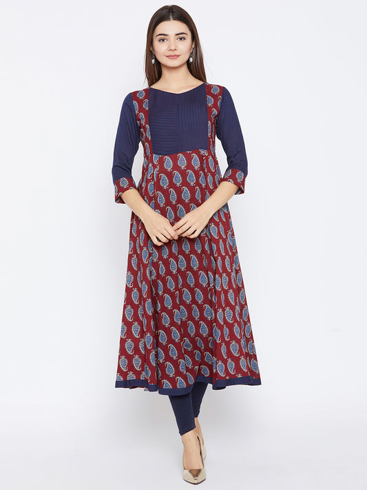 Women's Maroon And Navy Blue Paisely Printed Anarkali Ankle Length Kurta