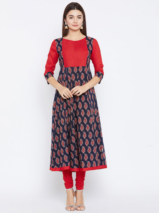 Women's Navy Blue And Red Paisely Printed Anarkali Ankle Length Kurta