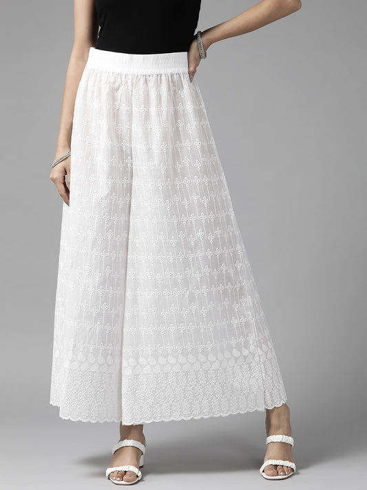 Women White Floral Embroidered Cotton Palazzos