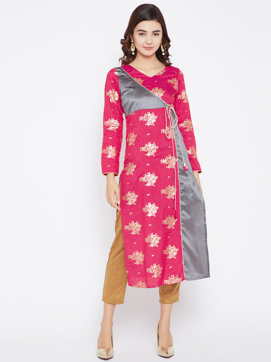 Women's Magenta And Grey Color On Gold Foile Printed Streight Angrakha Kurta