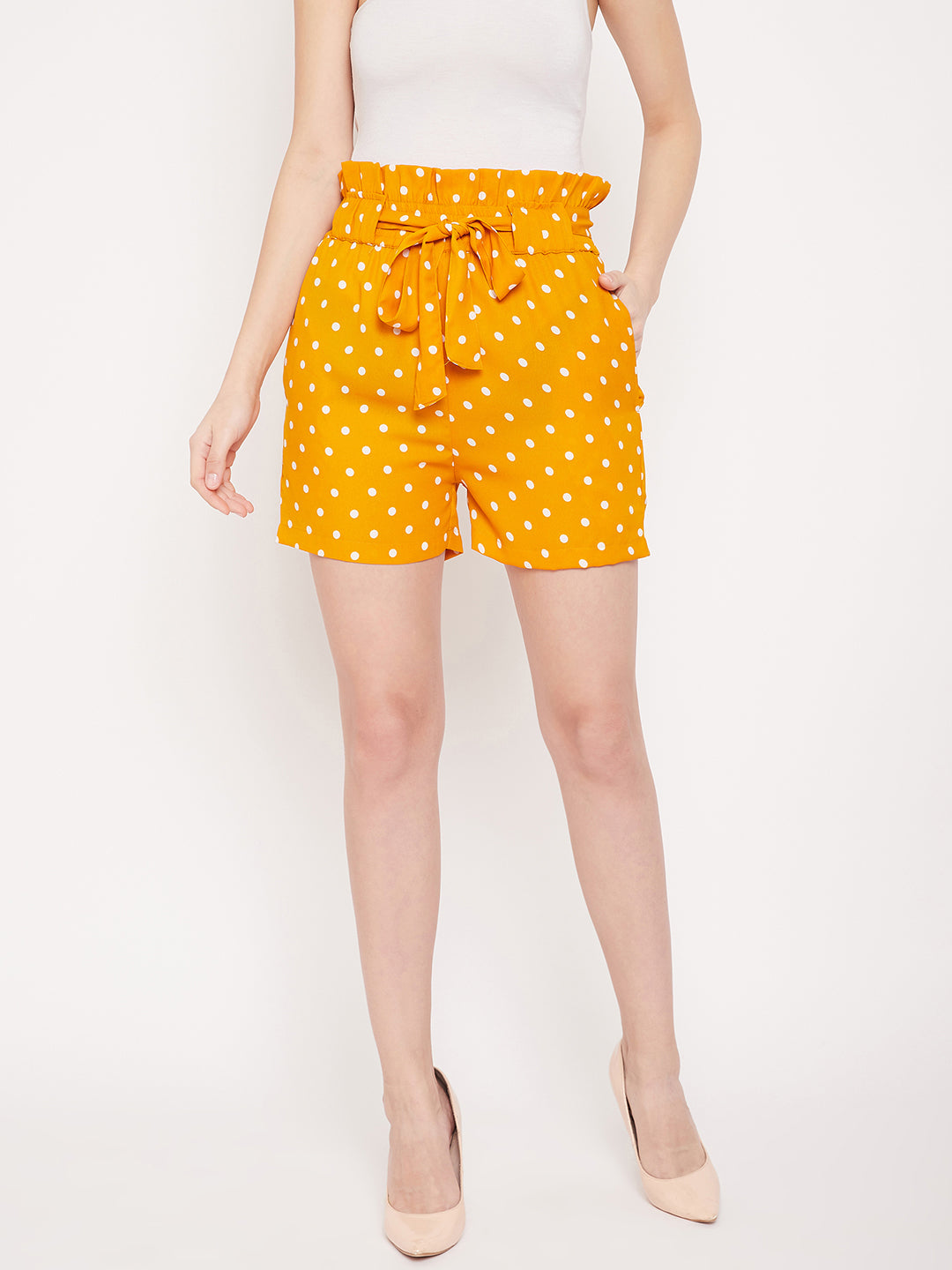 Women Mustard Yellow Printed Loose Fit Regular Shorts