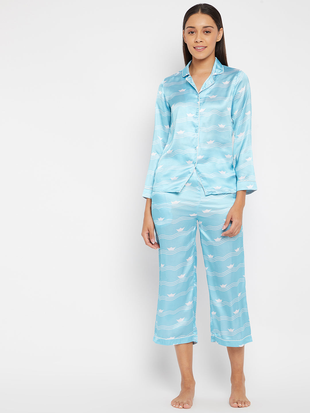 Women Blue & White Printed Night suit