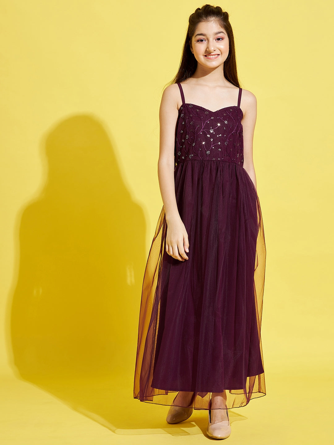 Women Maroon Floral Net Maxi Dress