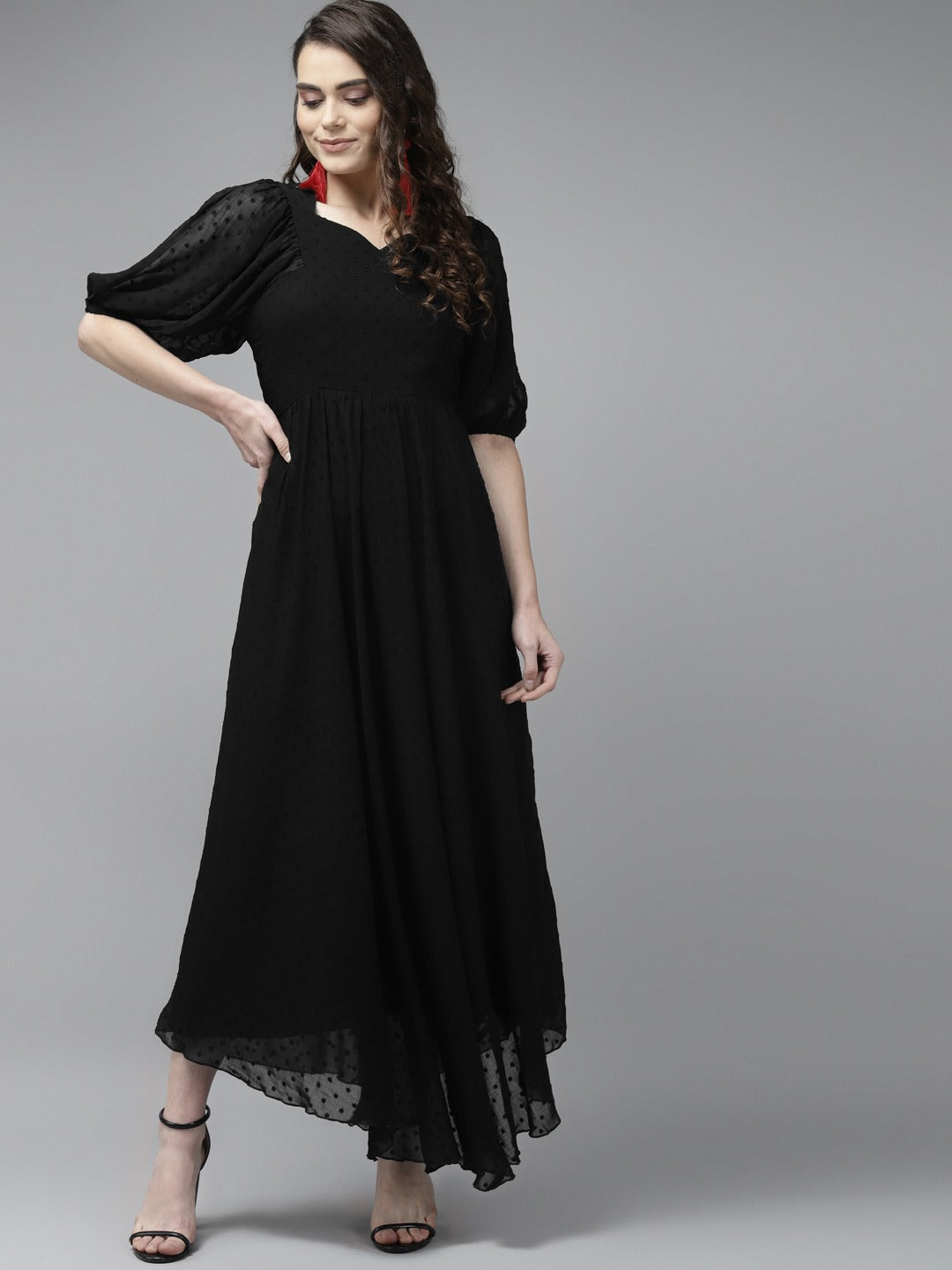 PANIT Black Solid Georgette Dobby Maxi Fit Flare Dress