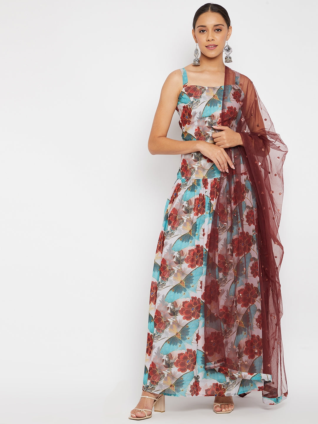 Women Blue Floral Printed Regular Top with Skirt & With Dupatta