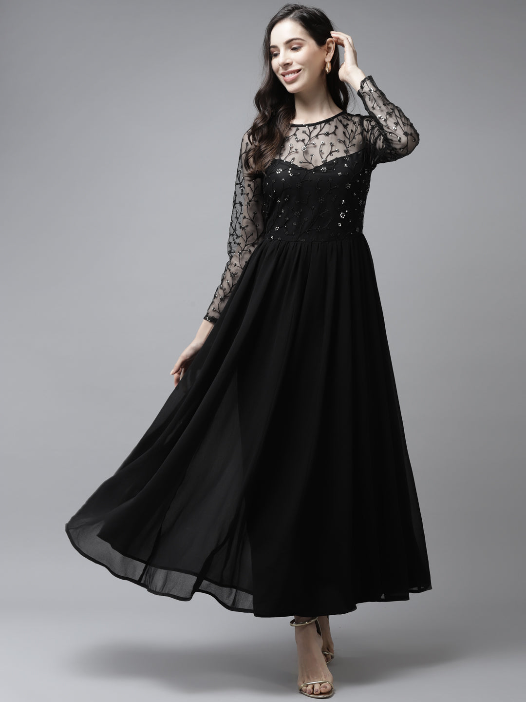 PANIT Women Black Floral Embroidered Maxi Dress