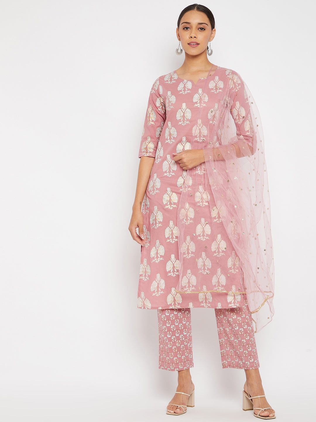 Women Pink Motif straight Kurta with Trouser and Dupatta