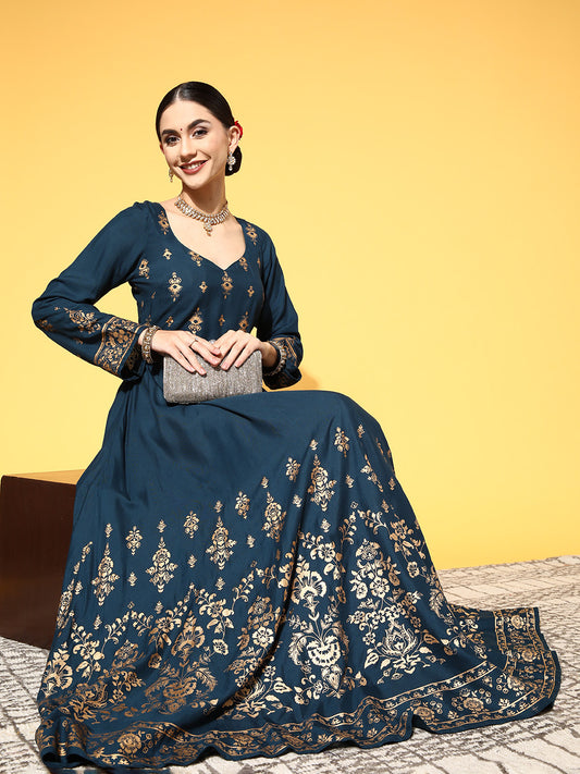 Women Tranquil Teal Ethnic Motifs Swirling Volume Dress