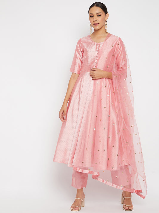 Women Rose Gold Pleated Golden Thread Work Kurta Set With Trouser And Dupatta