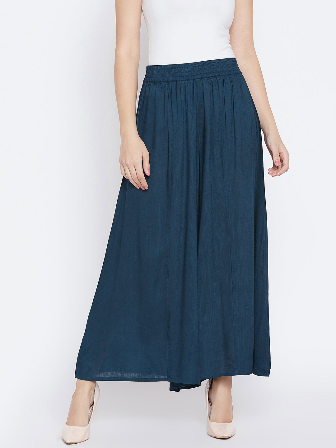 Women Teal Bkue Solid Flared Palazzos