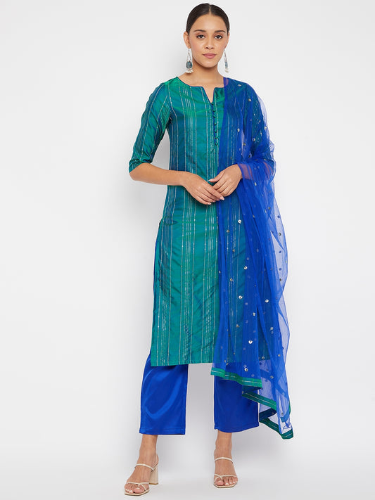Women Green Blue Sequin Straight Kurta Set with Dupatta
