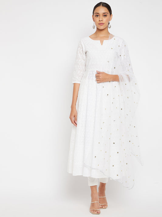 Women White A-Line Kurta with Trouser and Dupatta