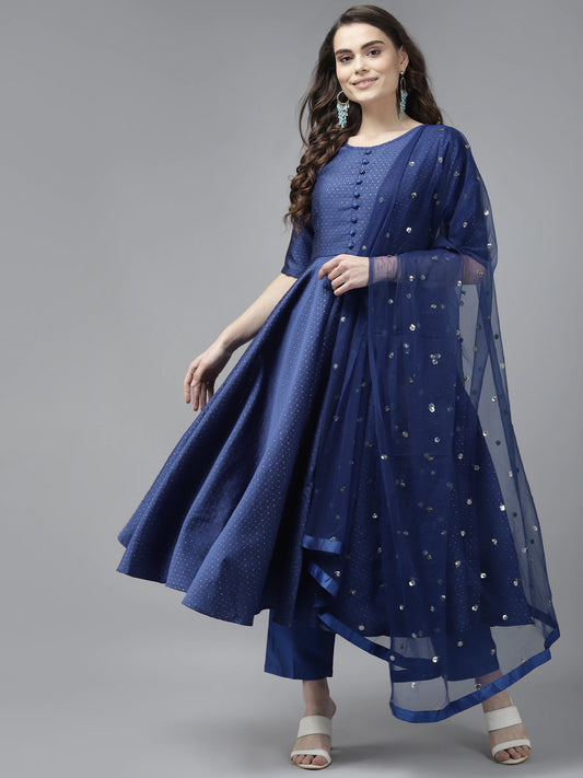 PANIT Women Blue Ethnic Motifs Embroidered Kurta with Trousers  With Dupatta