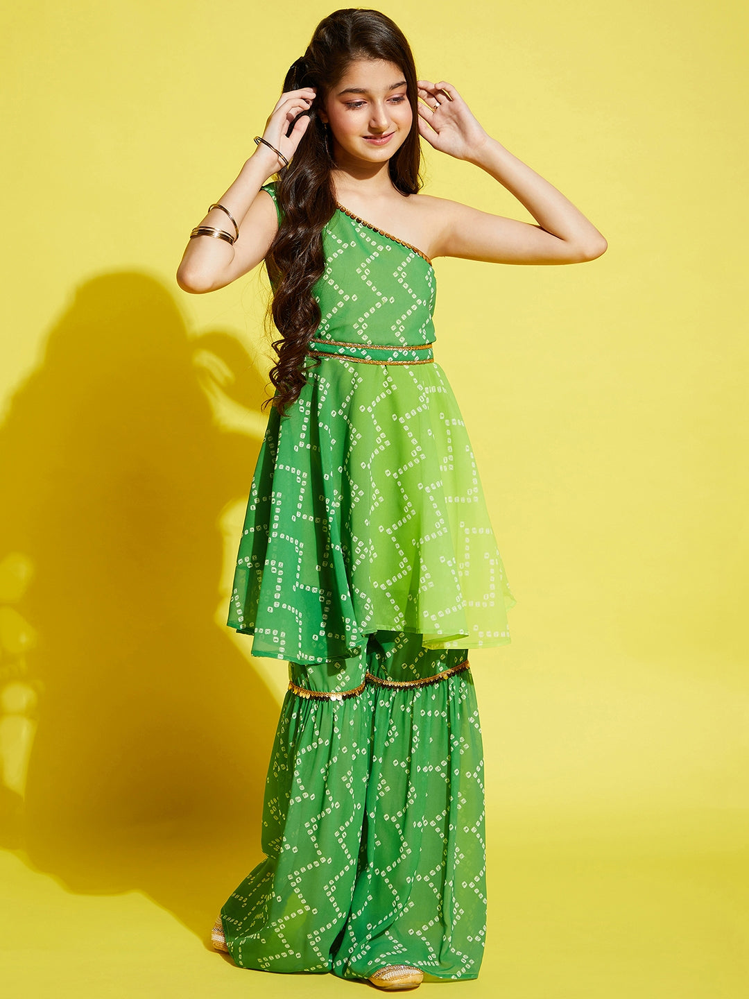 Girls Green Yellow Bandhani Printed A-Line Kurta with With Sharara