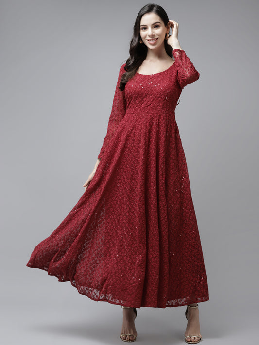 PANIT Women Red Ethnic Motifs Embroidered Ethnic Maxi Dress