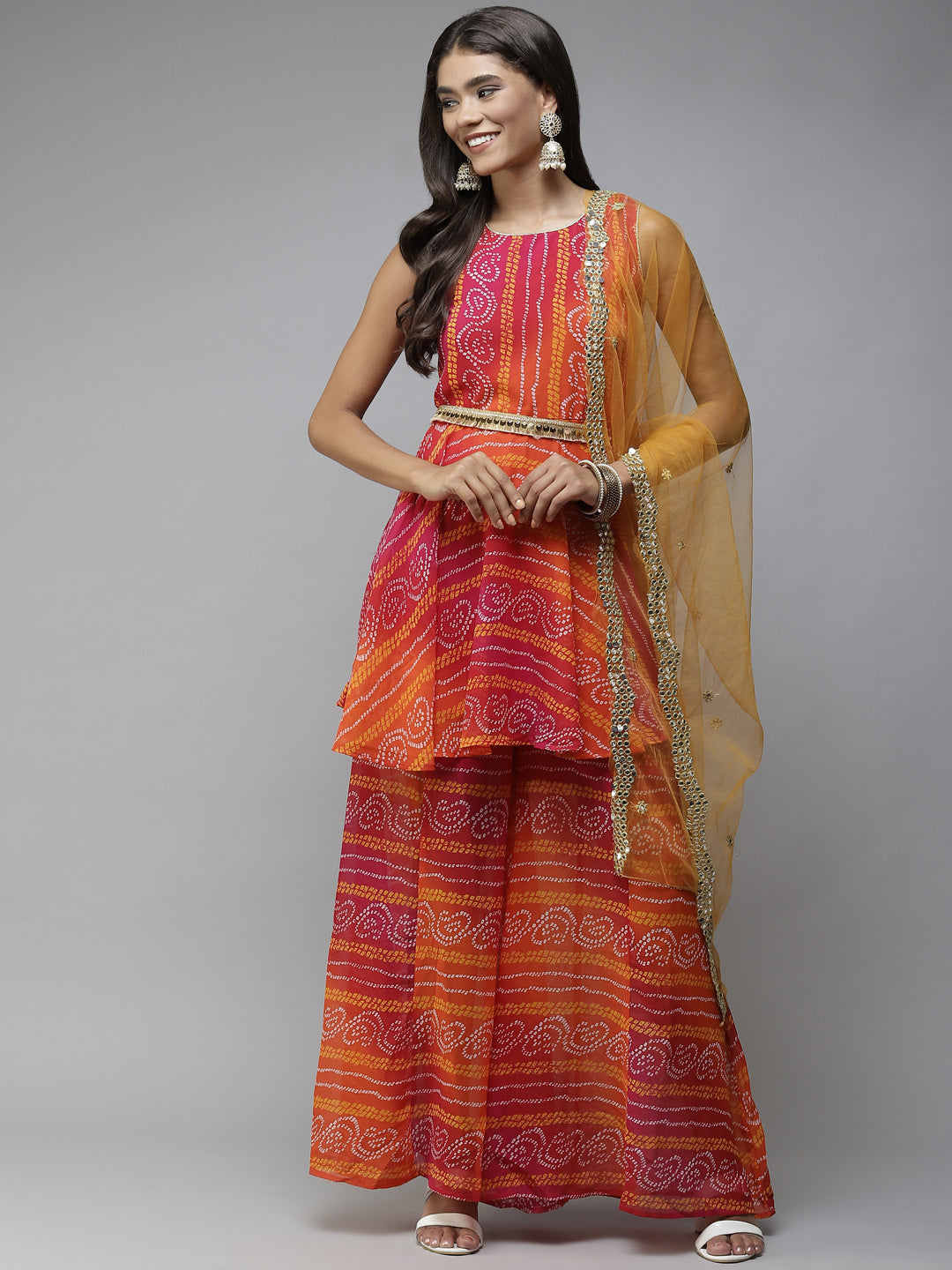 PANIT Orange Bandhani Printed Sequinned Kurta with Sharara & With Dupatta