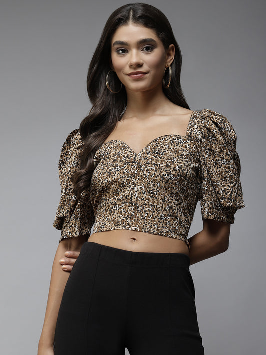 Brown & Black Animal Print Sweetheart Neck Crop Top