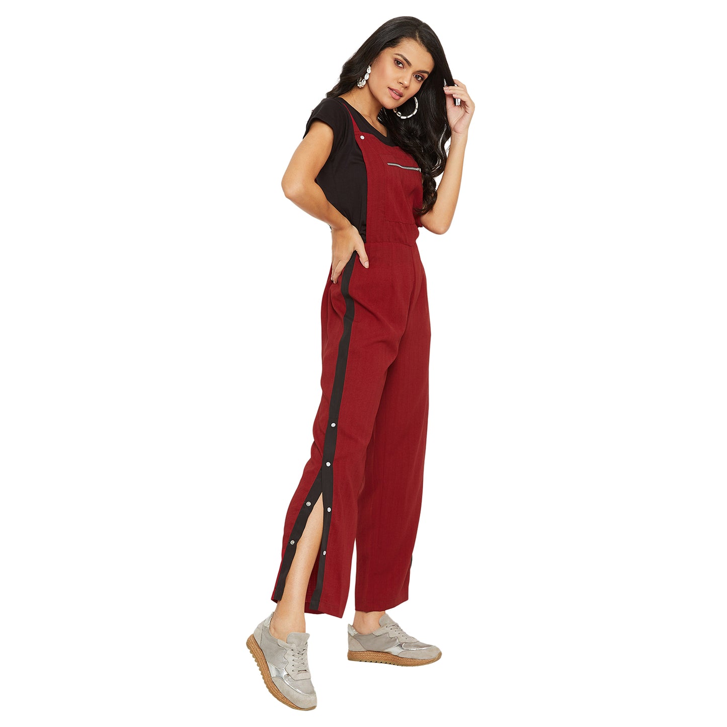 Maroon solid dungarees with side stripes detail
