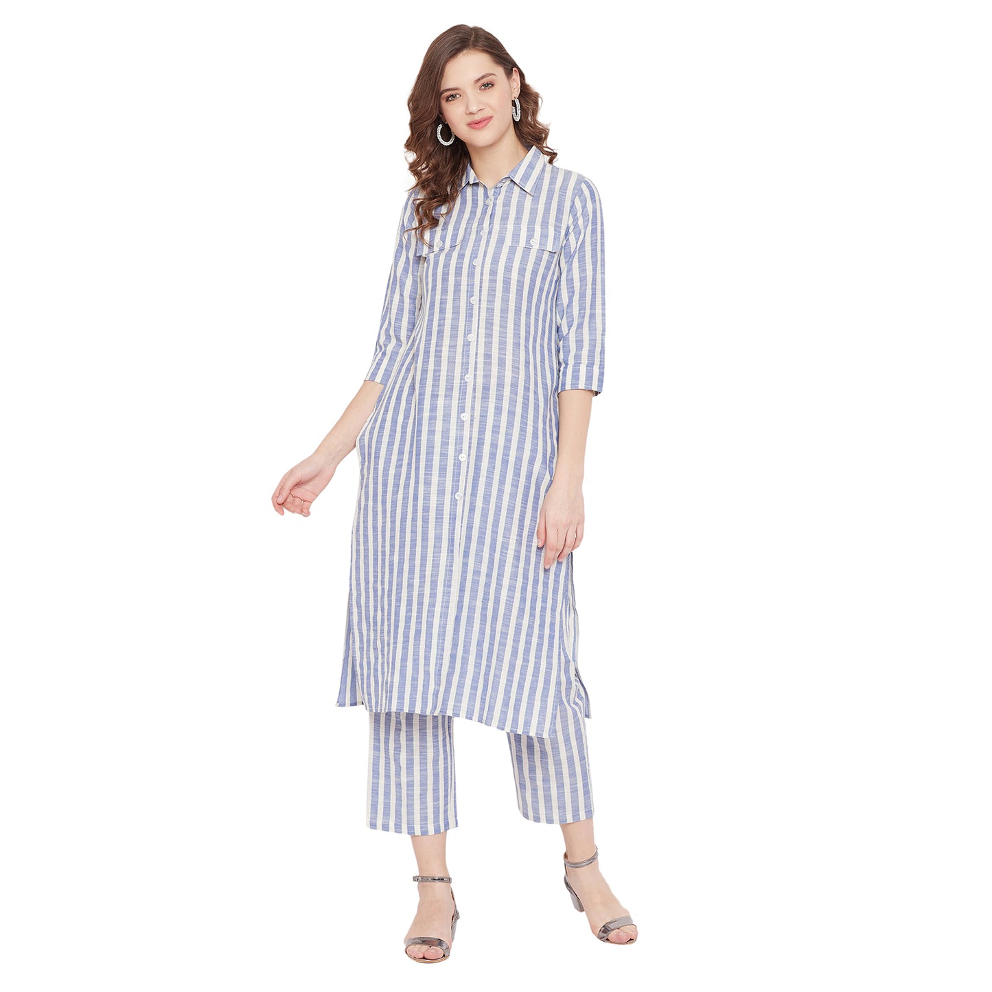 Formal white and blue stripe kurta set