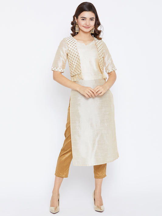 Women's Beige Color Plain Straight Fit Mid Length Kurta With Jacket