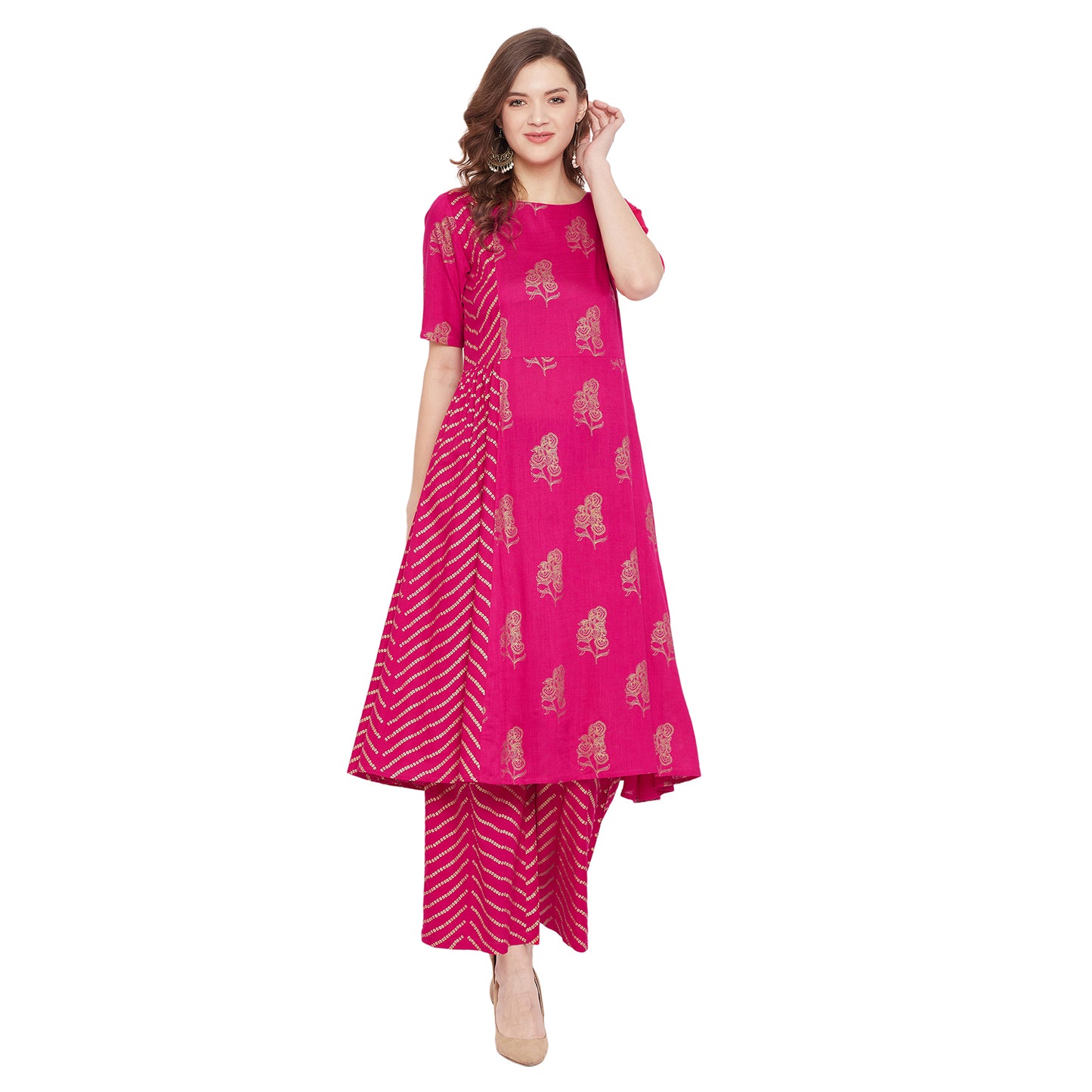 Fuchsia foil printed kurta set