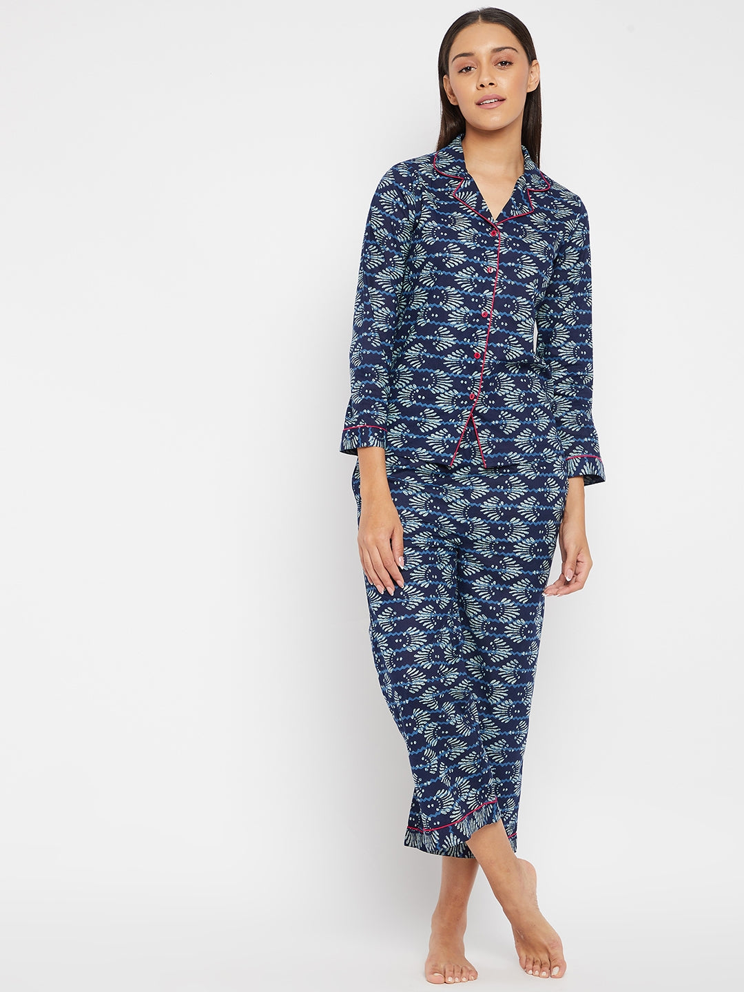 Women Navy Blue & White Printed Night suit