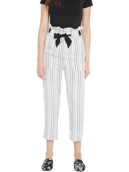Women's ivory grey stripes high waist trouser