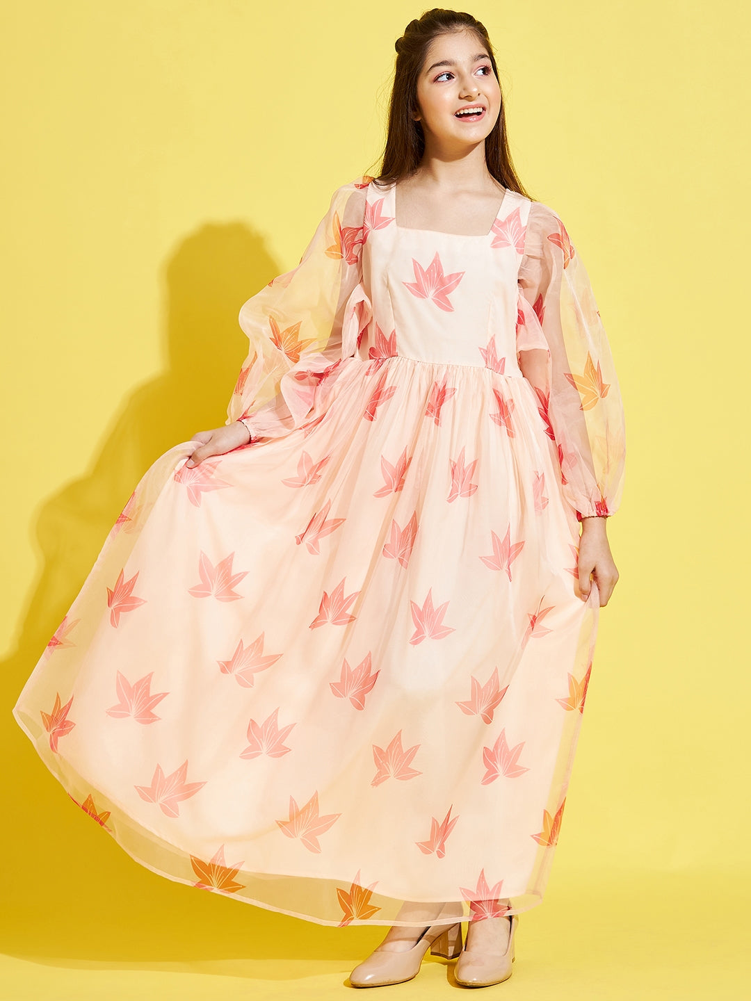Girl Cream-Coloured leaf printed Maxi Dress