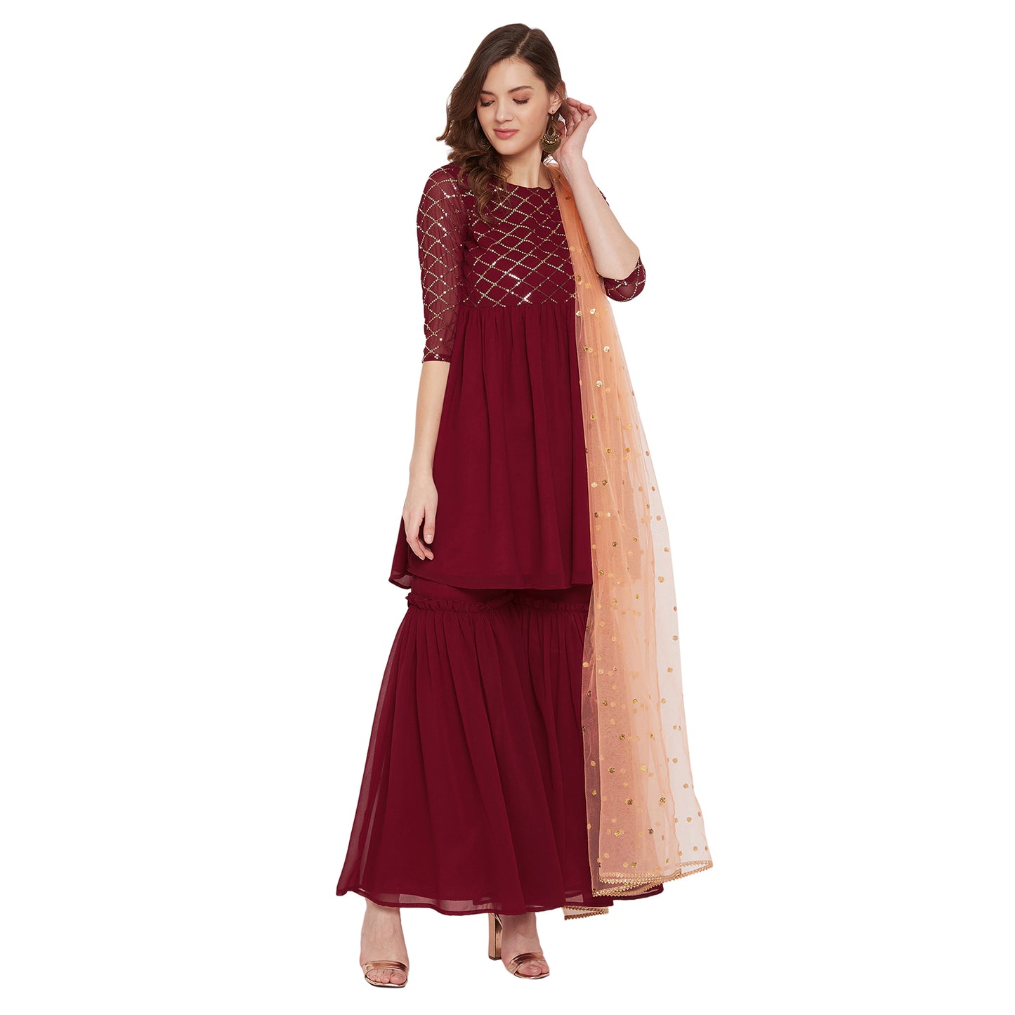 Maronn yoke and sleeve jaal embroidered sharara set with peach dupatta