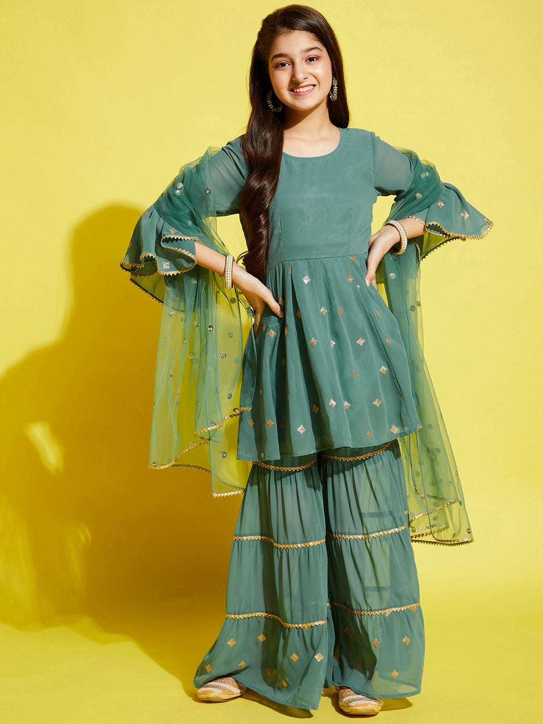 Girls Green Ethnic Motifs Embroidered Empire Kurta with Sharara & Dupatta