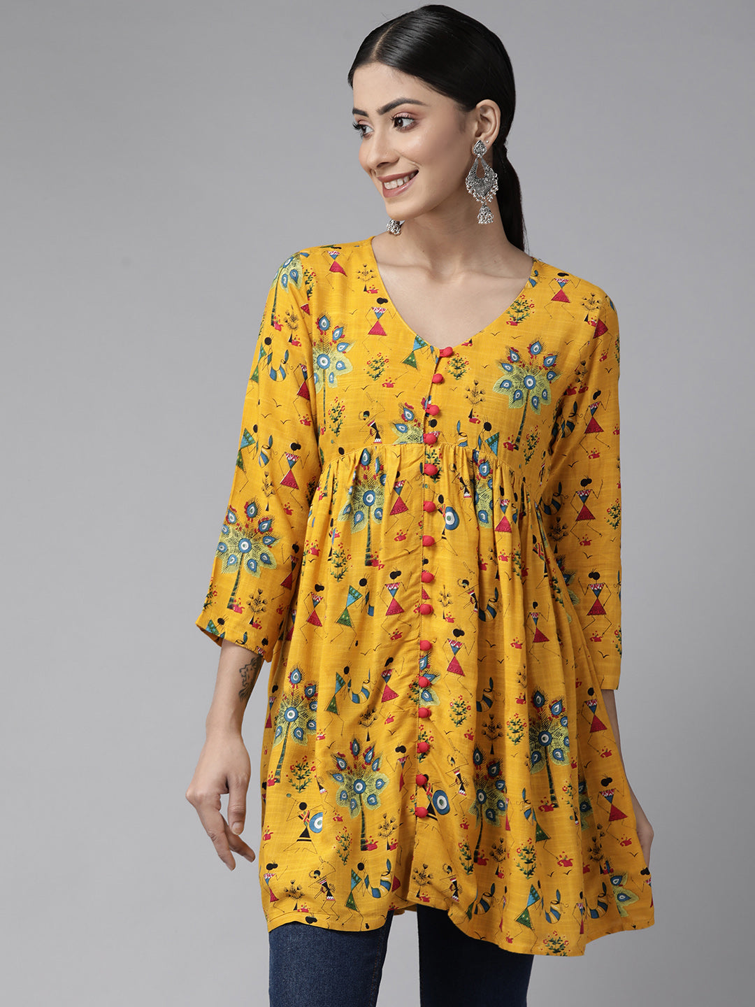 PANIT Women Yellow Black Tribal Printed Pleated Kurti