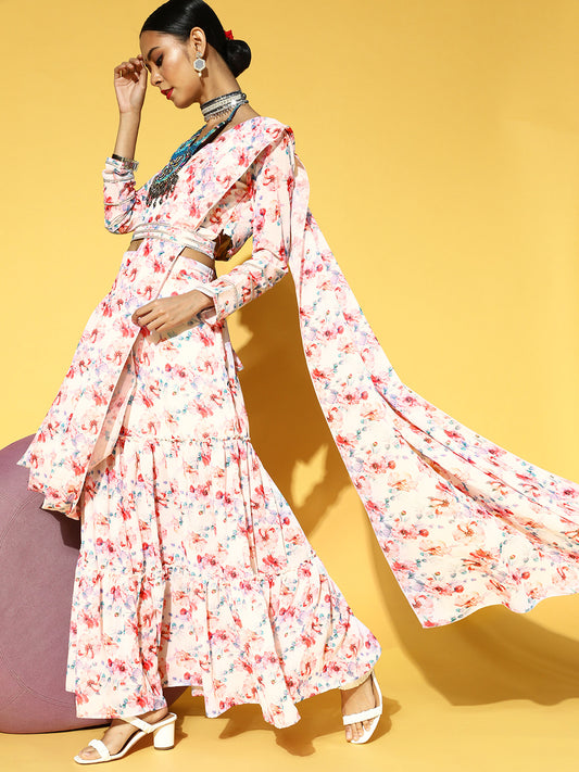 White & Pink Floral Print Ready to Wear Lehenga & Choli with Attached Dupatta