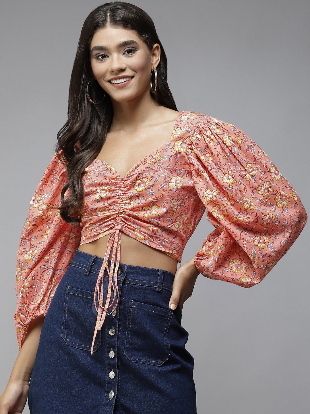 PANIT Peach-Coloured Yellow Floral Print Sweetheart Neck Pure Cotton Blouson Crop Top