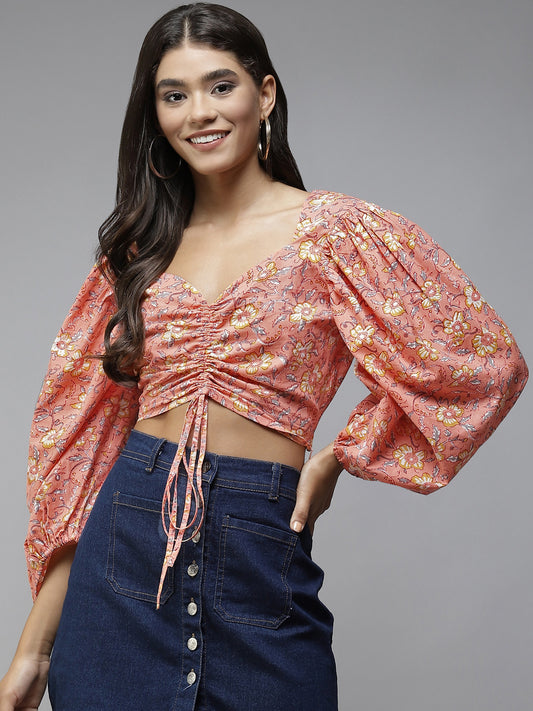 PANIT Peach-Coloured  Yellow Floral Print Sweetheart Neck Pure Cotton Blouson Crop Top