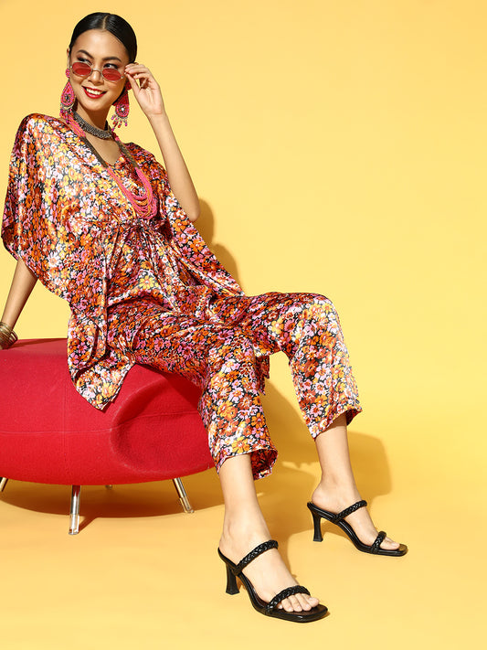 Women Orange & Pink Floral Printed Kaftan Kurta with Trousers