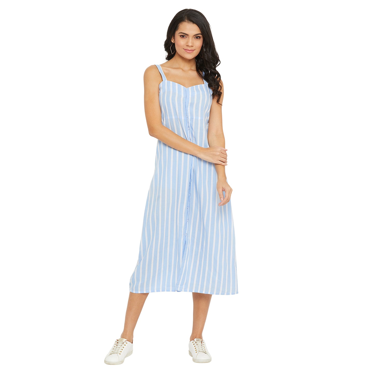 Women Blue and White Stripe Fit and Flare Midi Dress