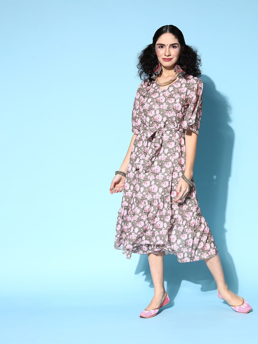 PANIT Women Grey Floral Twist Knot Dress