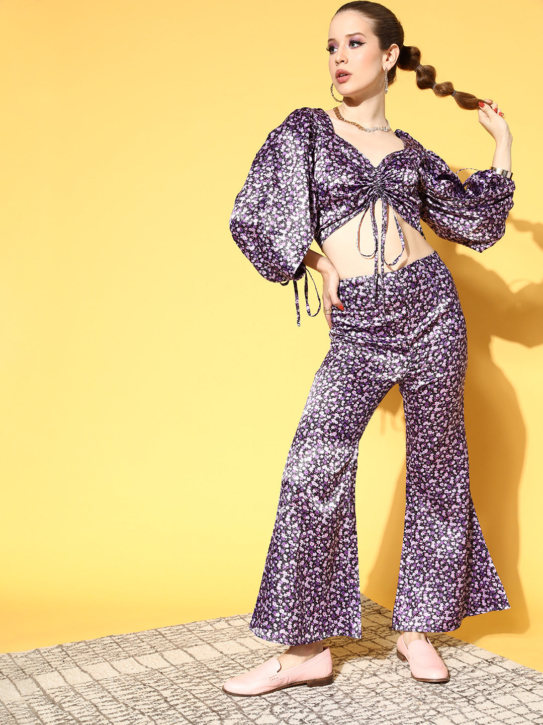 Women Pretty Purple Printed Top with Palazzos